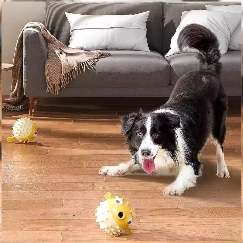 Bouncing Fish Dog Toy with Built-In Bell – Treat Dispensing Chew Ball for Puppies and All Size Dogs