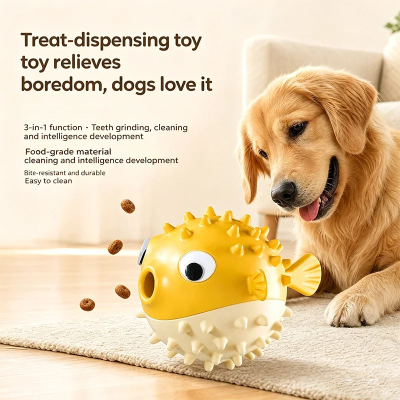 Bouncing Fish Dog Toy with Built-In Bell – Treat Dispensing Chew Ball for Puppies and All Size Dogs
